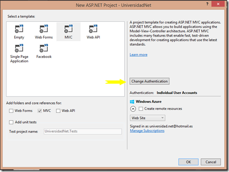 Nuevo MVC con Autenticaci&oacute;n Azure